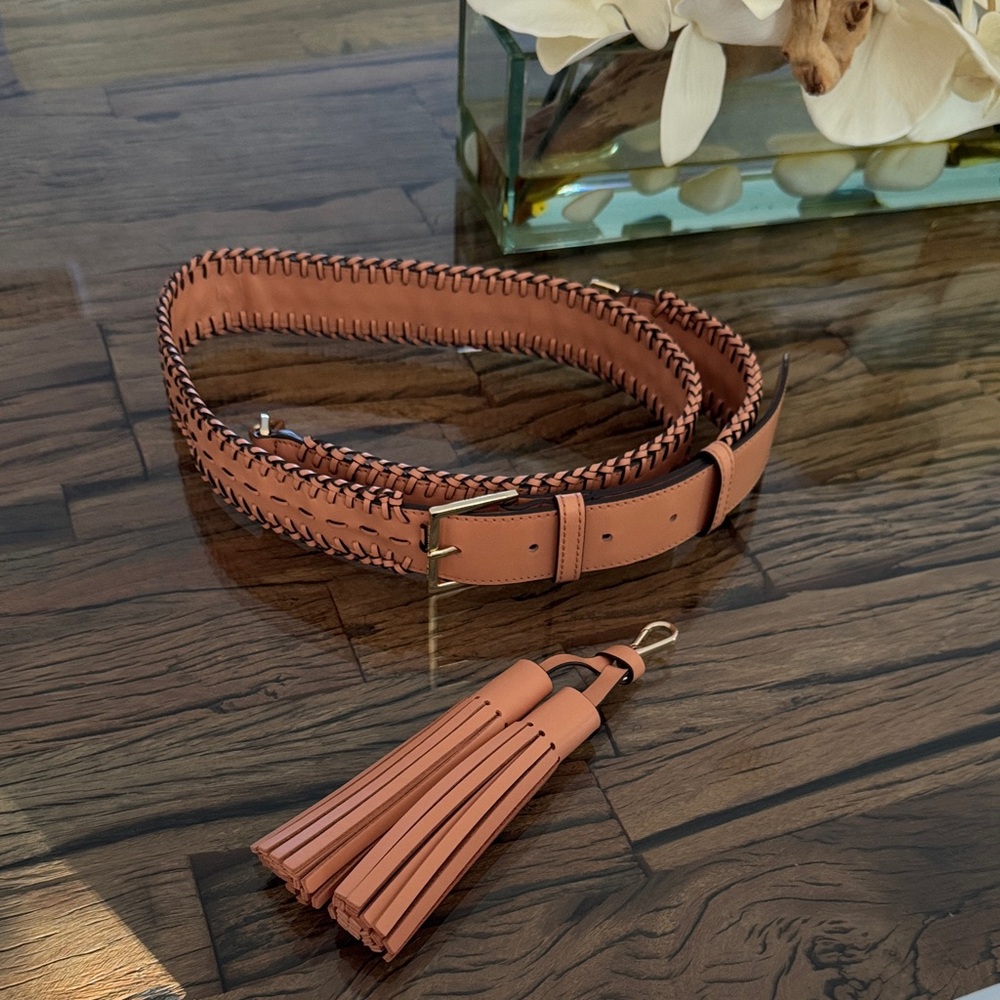 New Kate Spade Tan Braided Bag Strap with Tassels Belt Buckle Whipstitch Rare